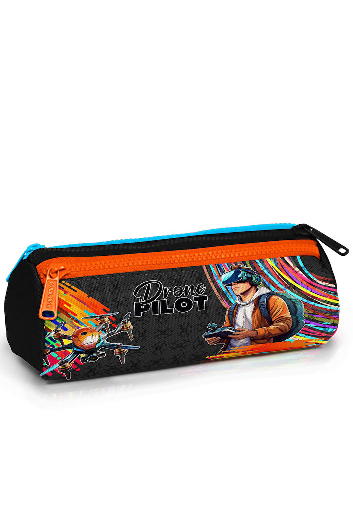 Coral High Kids Siyah Drone Pilot Desenli Üç Bölmeli Kalem Çantası 22096