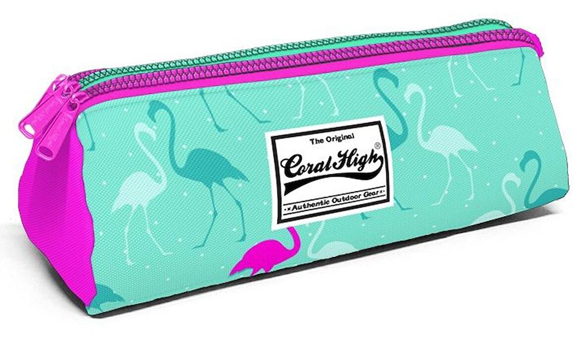 Coral High Üç Gözlü Yeşil Pembe Flamingo Kalem Çantası - Kalın Fermuarlı - Kız Çocuk