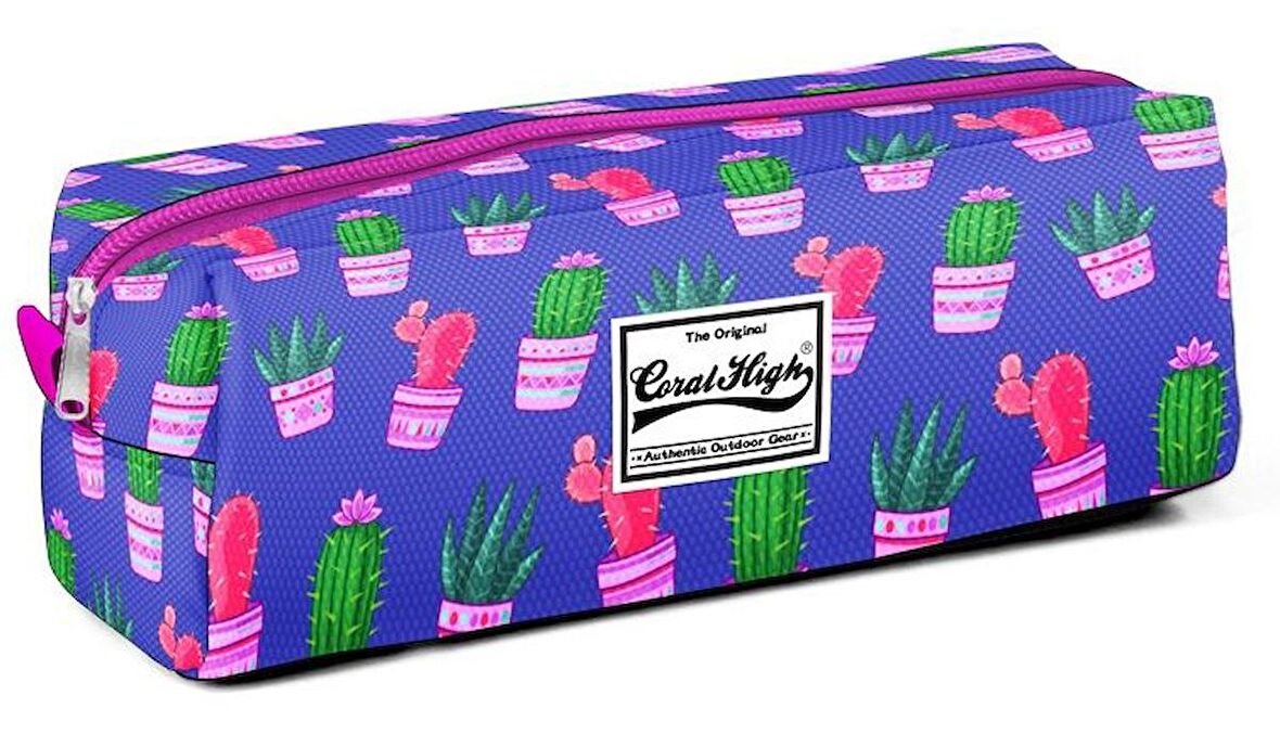 Coral High Tek Gözlü Mavi Saksıda Kaktüs Desenli Kalem Çantası - Kız/Erkek