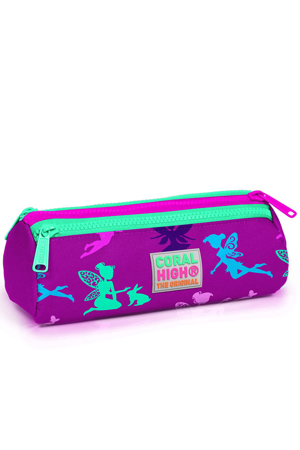 Coral High Kids Koyu Pembe Su Yeşili Peri Desenli Üç Bölmeli Kalem Çantası 22314