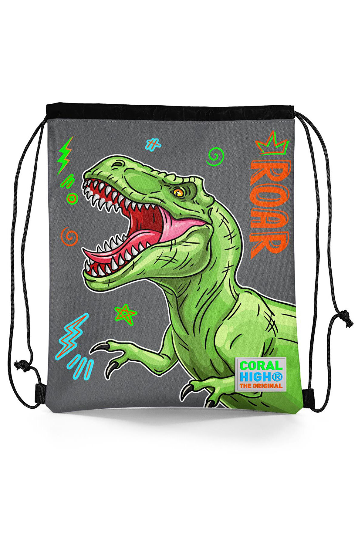 Coral High Kids Siyah Gri Dinozor Desenli İpli Büzgülü Sırt Çantası 22444