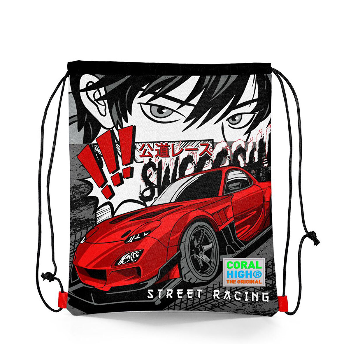 Coral High Kids Siyah Kırmızı Anime Araba Desenli İpli Büzgülü Sırt Çantası 22447