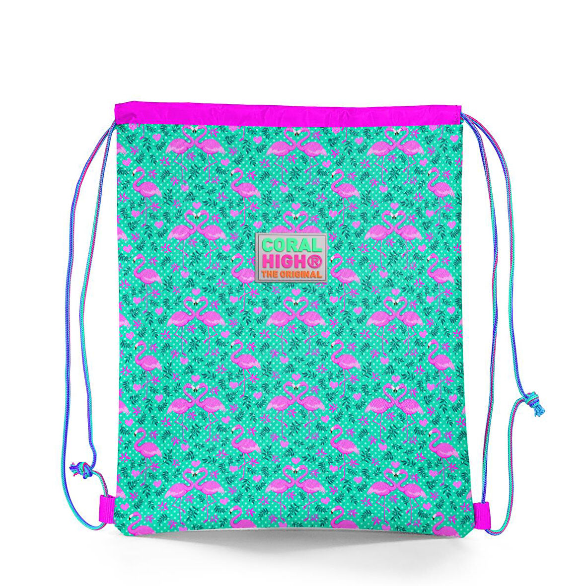 Coral High Kids Su Yeşili Pembe Flamingo Desenli İpli Büzgülü Sırt Çantası 22468