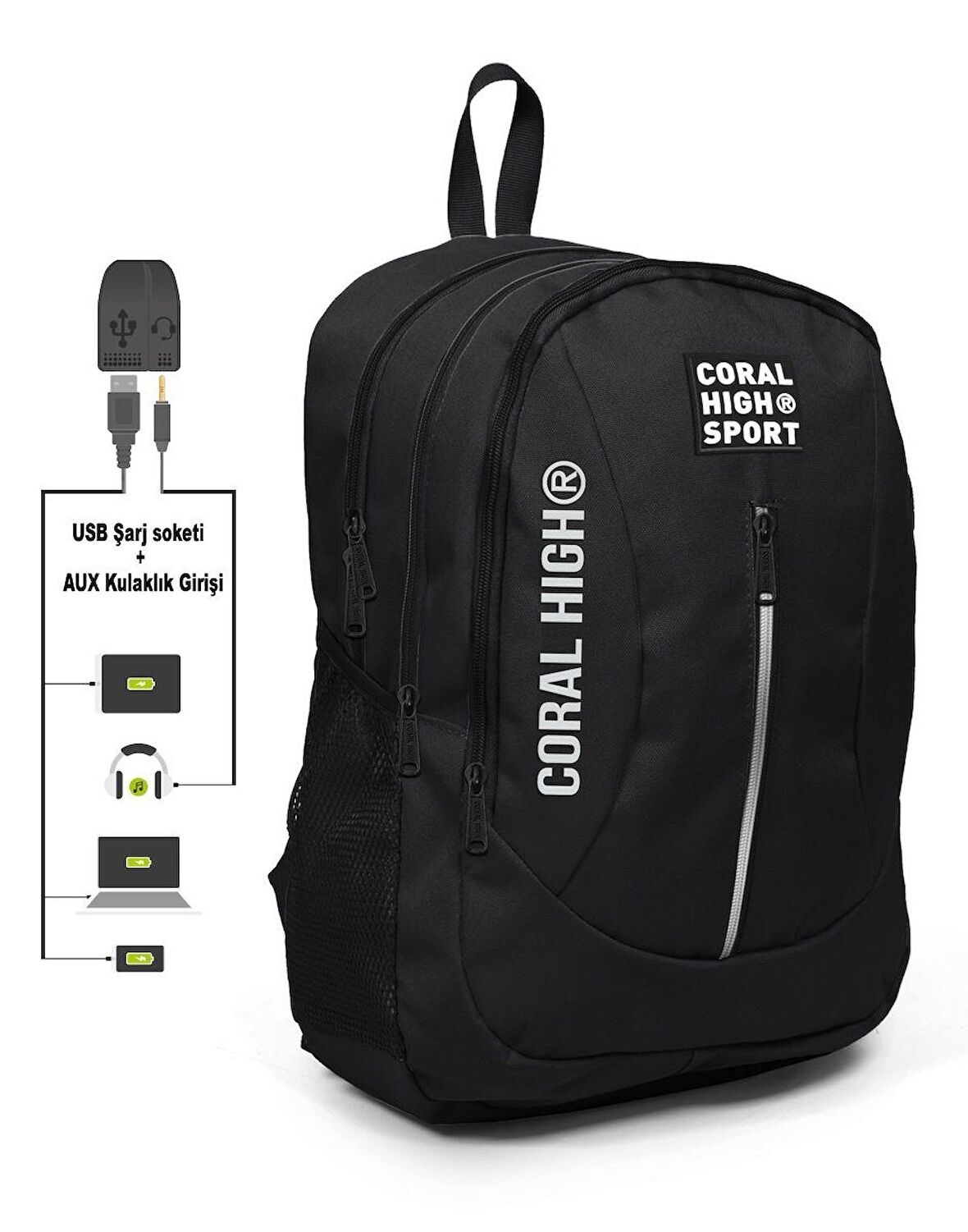 Coral High Sport Siyah Okul ve Günlük Sırt Çantası - USB ve AUX Çıkışlı