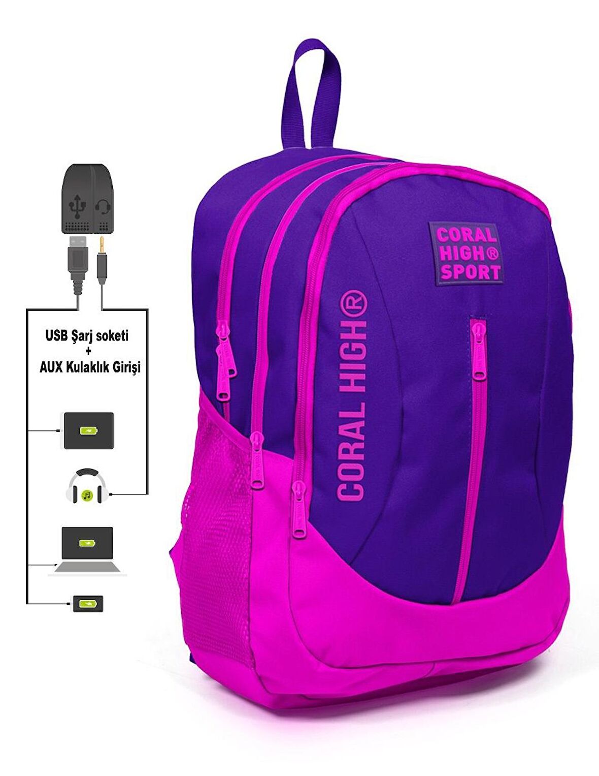 Coral High Sport Pembe-Mor Okul ve Günlük Sırt Çantası - USB ve AUX Çıkışlı