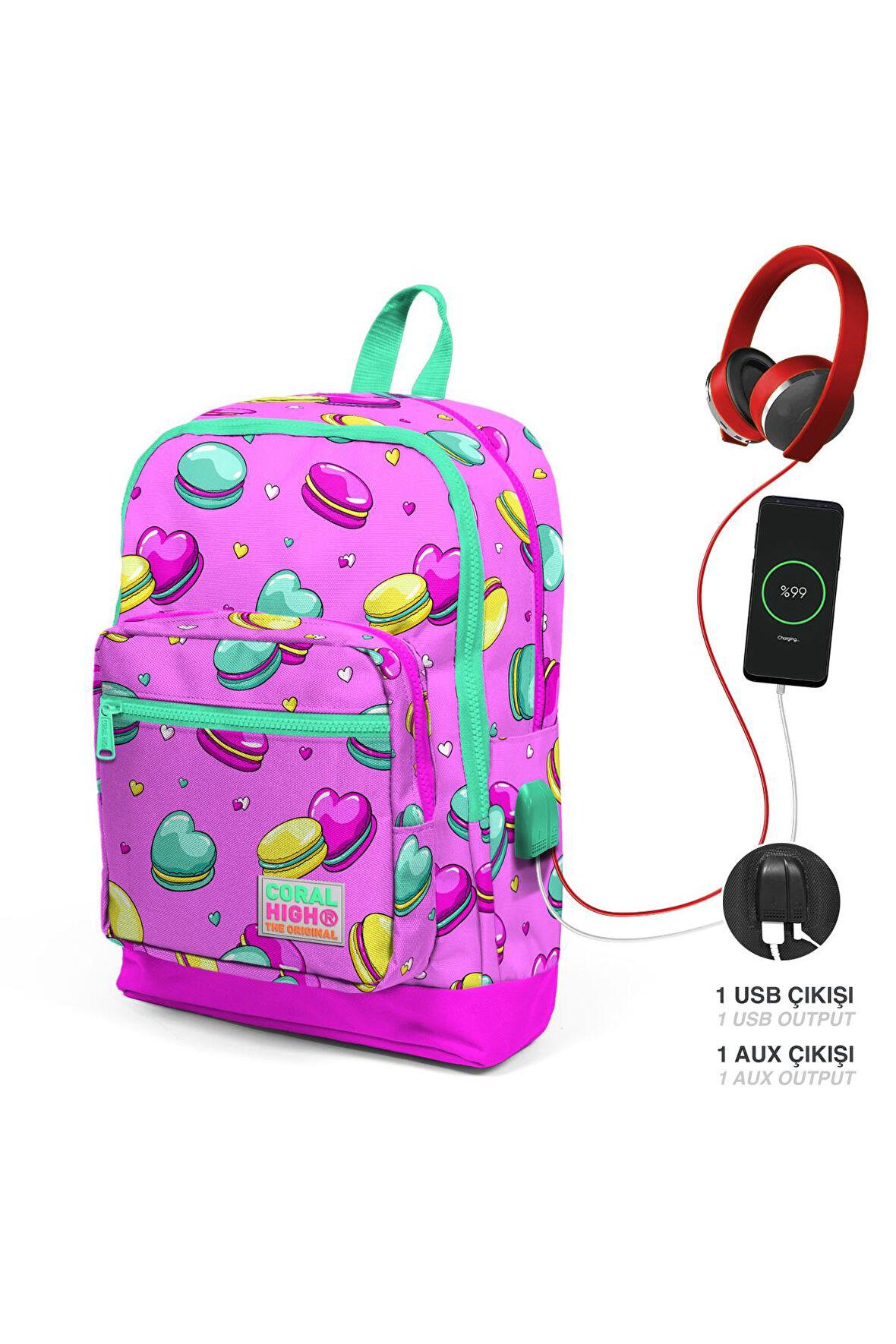 Coral High Kids Açık Pembe Makaron Desenli  USB Şarjlı Kulaklık Çıkışlı Okul Sırt Çantası 23261