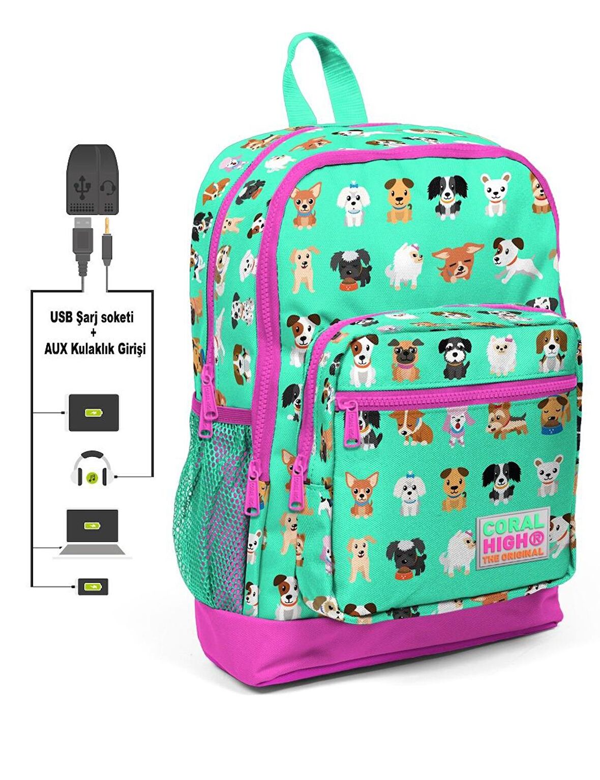 Coral High Kids Dört Gözlü Çocuk İlkokul Çantası - Sevimli Köpekler- USB+AUX Soketli