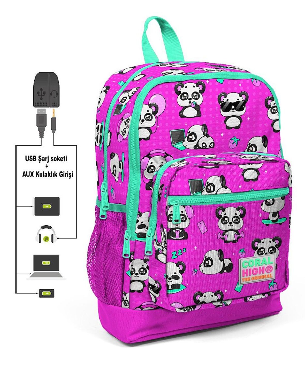 Coral High Kids Dört Gözlü Kız Çocuk İlkokul Çantası - Panda Desenli - USB+AUX Soketli
