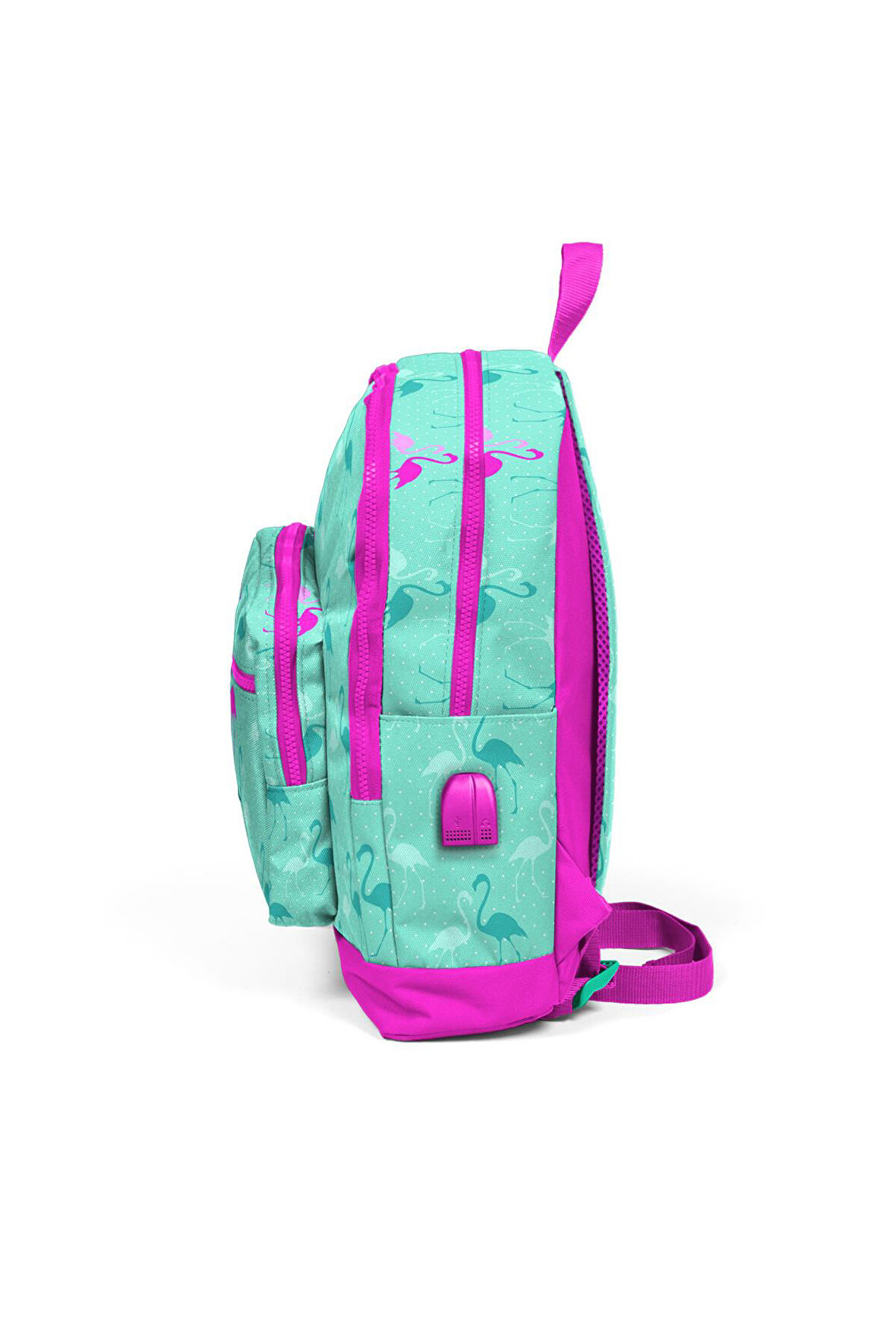 Coral High Kids Su Yeşili Flamingo Desenli USB Şarjlı Kulaklık Çıkışlı Okul Sırt Çantası 23275