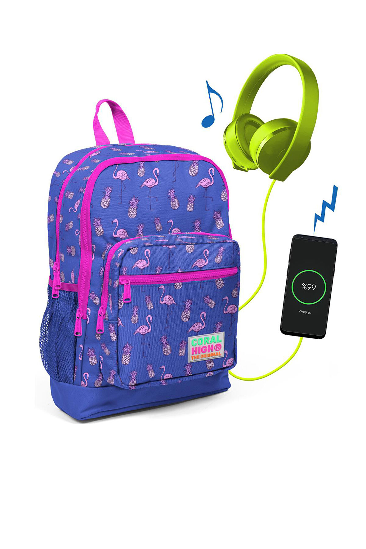 Coral High Kids Lavanta Flamingo Desenli USB Şarjlı Kulaklık Çıkışlı Okul Sırt Çantası 23276