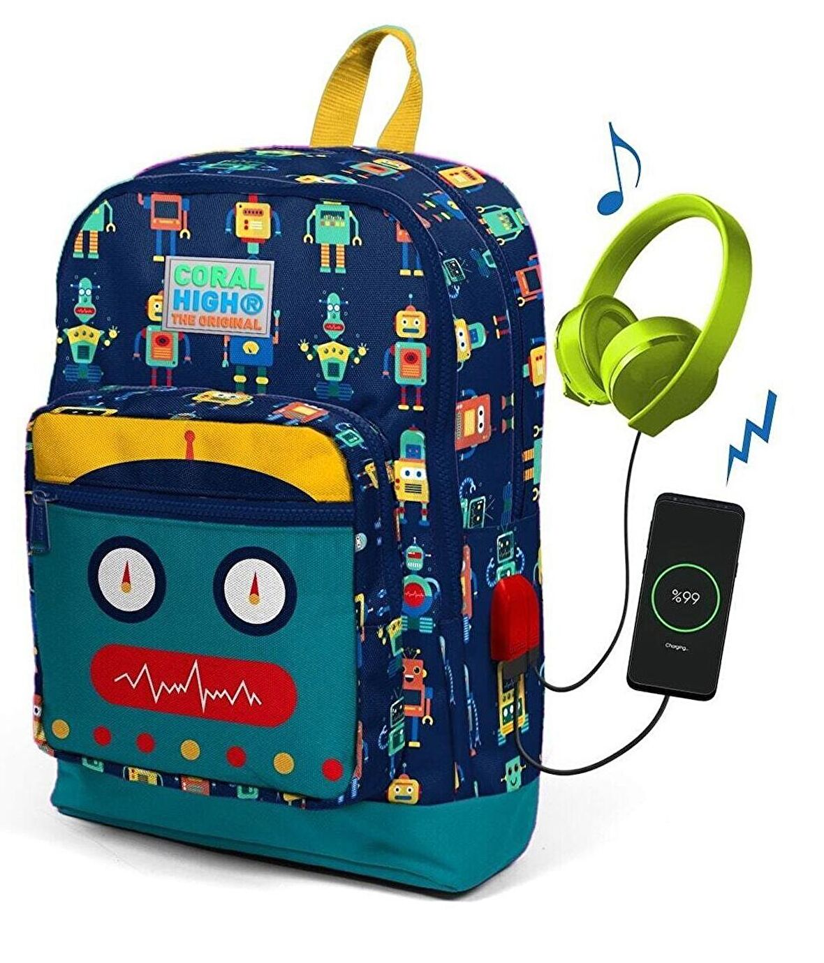 Coral High Kids Lacivert Robot Desenli Usb Şarjlı Kulaklık Çıkışlı Okul Sırt Çantası
