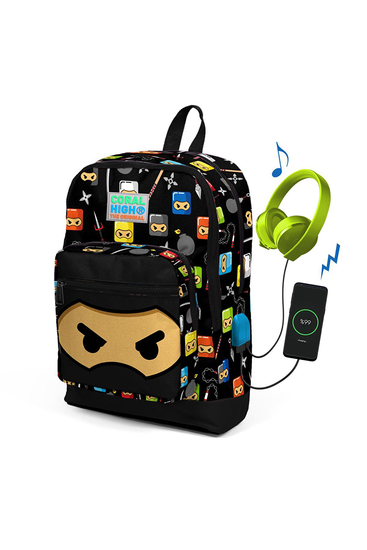 Coral High Kids Siyah Ninja Desenli USB Şarjlı Kulaklık Çıkışlı Okul Sırt Çantası 23285