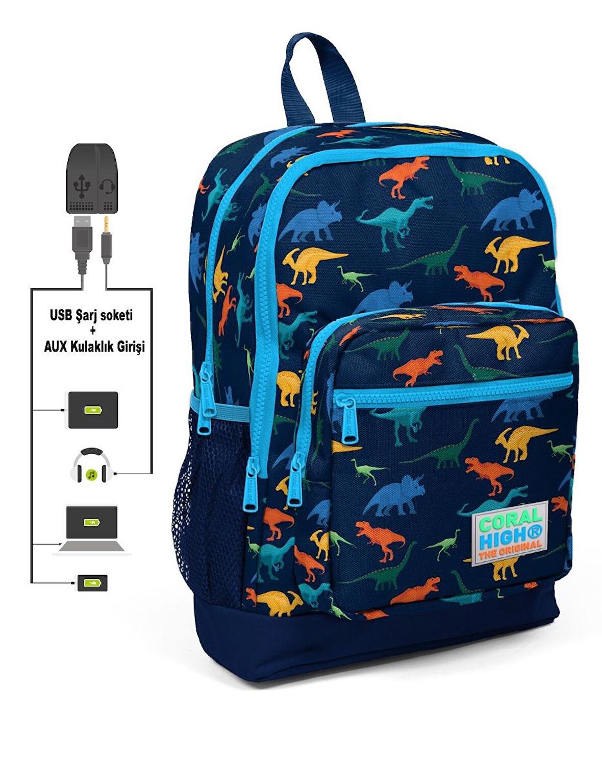 Coral High Kids Dört Gözlü Erkek Çocuk İlkokul Çantası - Dinazor Desenli - USB+AUX Soketli