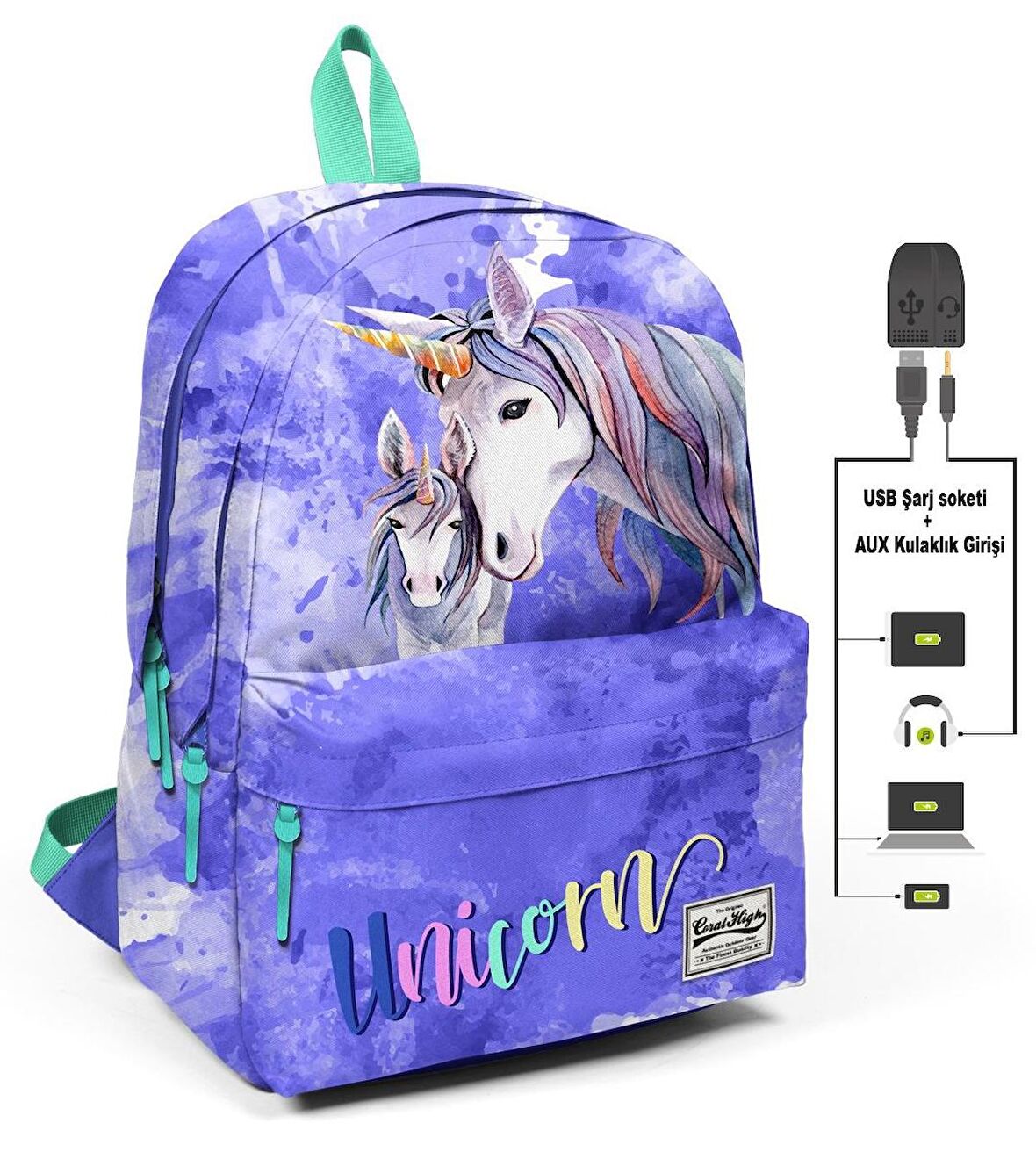 Coral High Mavi Unicornlar Üç Gözlü Okul ve Günlük Sırt Çantası - USB+AUX Soketli