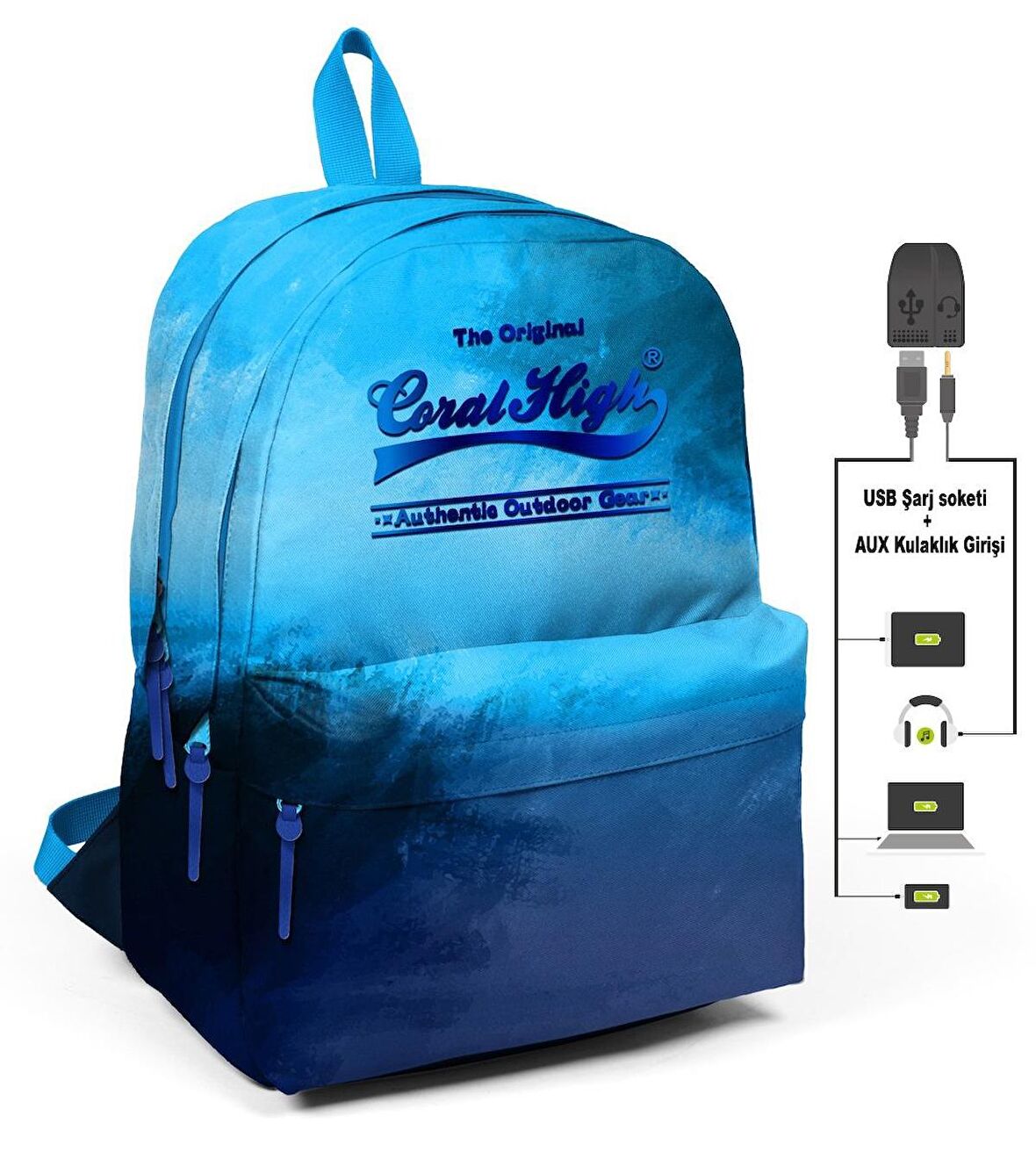 Coral High Mavi Degradeli Üç Gözlü Okul ve Günlük Sırt Çantası - USB+AUX Soketli