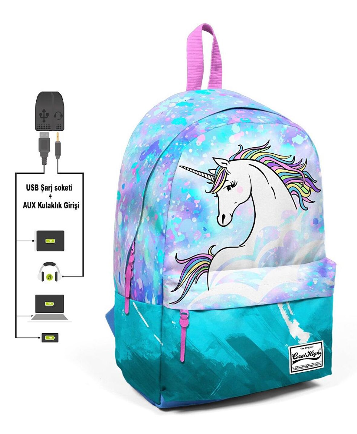 Coral High Mavi Yeşil Unicorn Desenli Sırt Çantası - Okul ve Günlük - USB+AUX Soketli