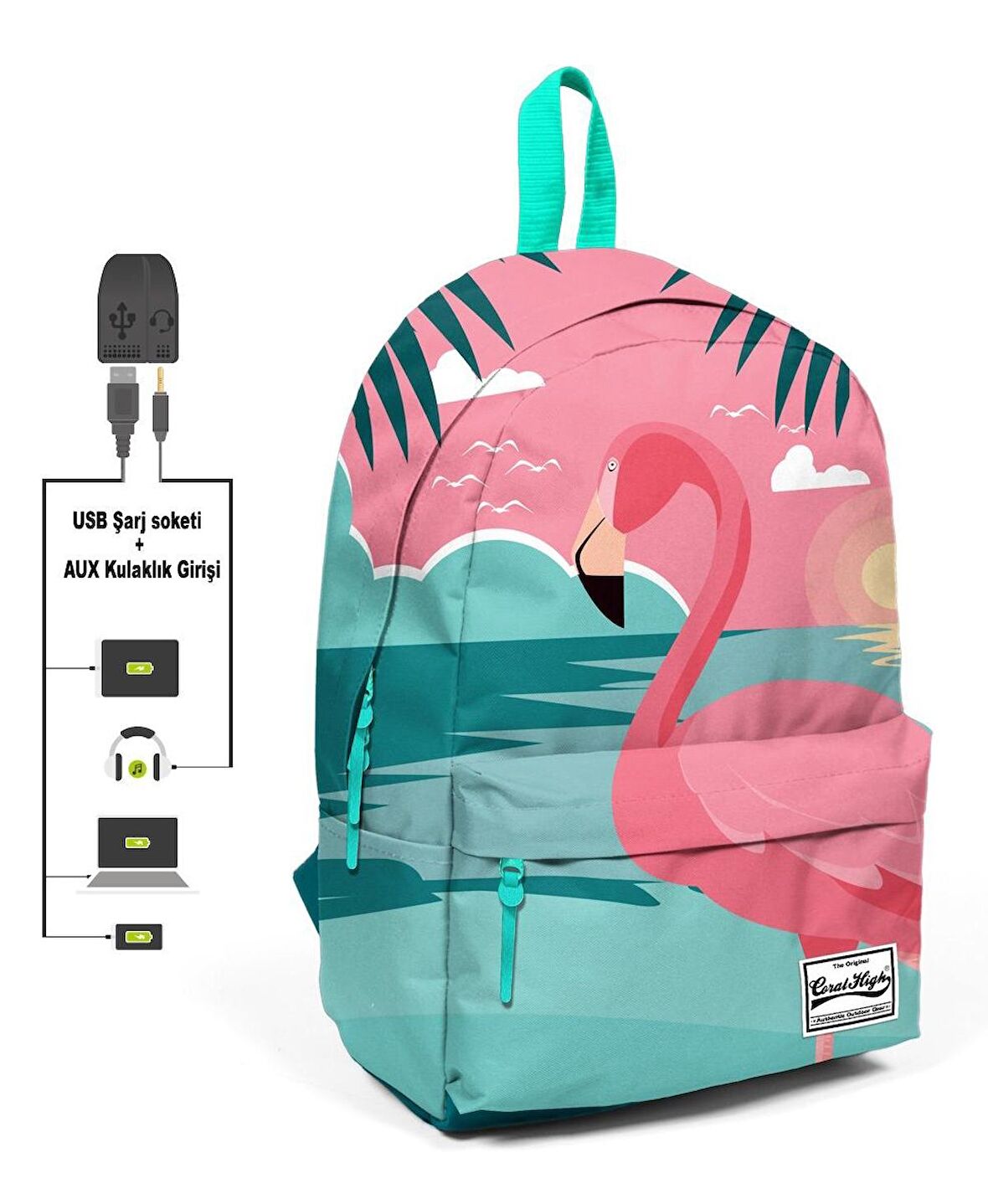 Coral High Yeşil Pembe Flamingo Desenli Sırt Çantası - Okul ve Günlük - USB+AUX Soketli