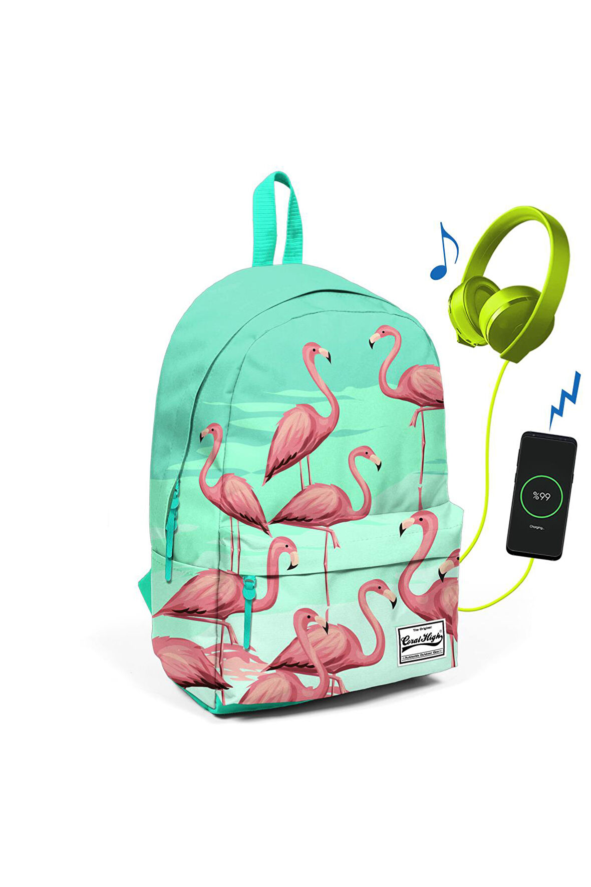 Coral High Su Yeşili Flamingolu İki Bölmeli USB Şarjlı Kulaklık Çıkışlı Sırt Çantası 23432