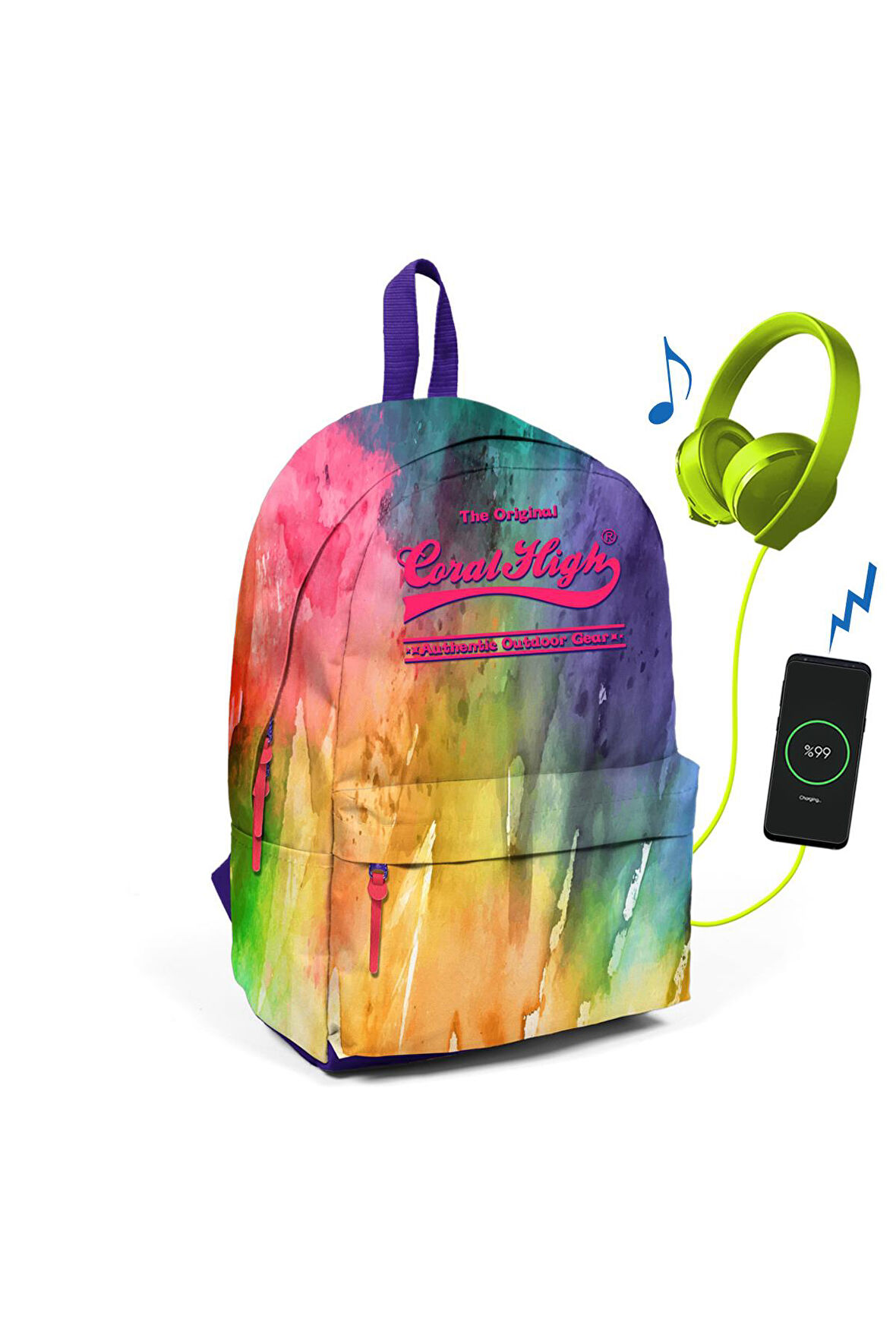 Coral High Rengarenk İki Bölmeli USB Şarjlı Kulaklık Çıkışlı Sırt Çantası 23434