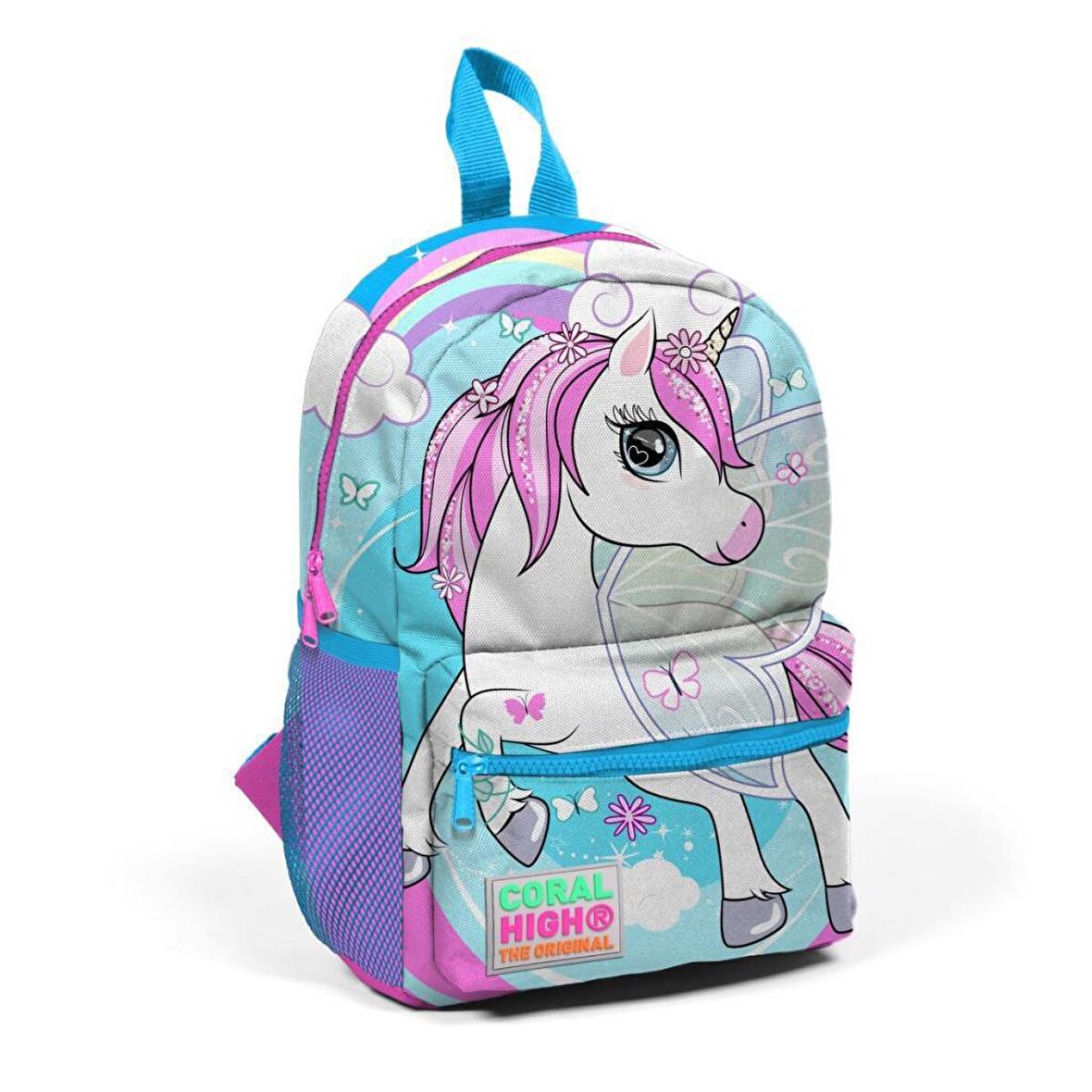 Mavi-Pembe Unicorn Desenli İki Bölmeli Kız Yuva Sırt Çantası