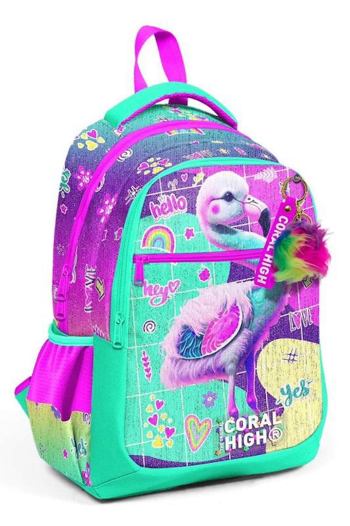 Coral High Kids Pembe Su Yeşili Flamingo Desenli Üç Bölmeli Okul Sırt Çantası 23647