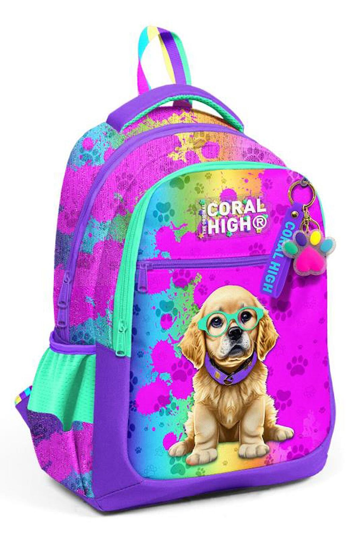 Coral High Kids Mor Pembe Köpek Desenli Üç Bölmeli Okul Sırt Çantası 23649