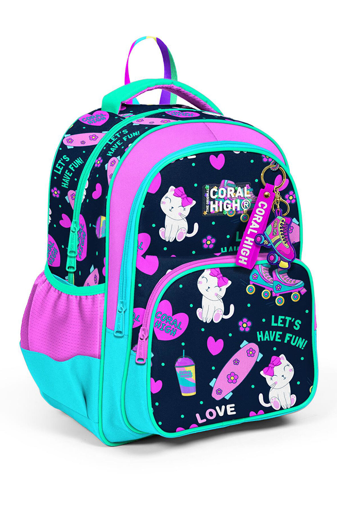 Coral High Kids Lacivert Pembe Kedili Paten Desenli Üç Bölmeli Okul Sırt Çantası 23658