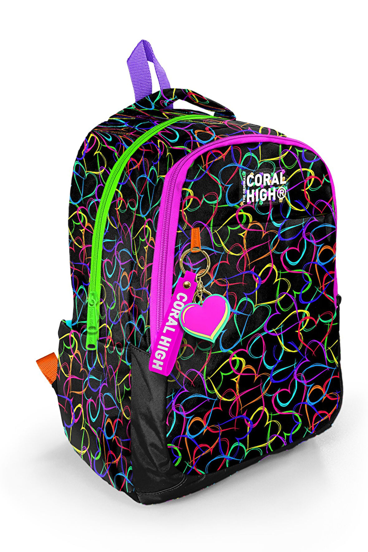 Coral High Kids Çok Renkli Kalp Desenli Üç Bölmeli Okul Sırt Çantası 23670