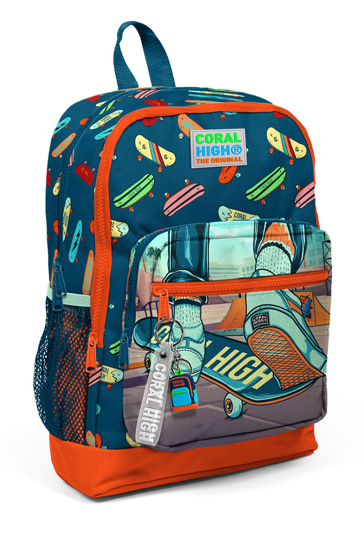 Coral High Kids Çivit Neon Turuncu Kaykay Desenli Dört Bölmeli Okul Sırt Çantası 23723