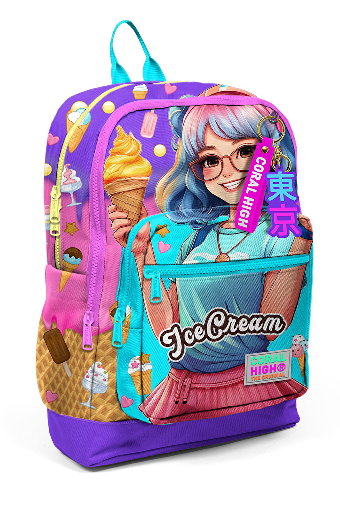 Coral High Kids Lila Turkuaz Dondurma ve Anime Desenli Dört Bölmeli Okul Sırt Çantası 23773