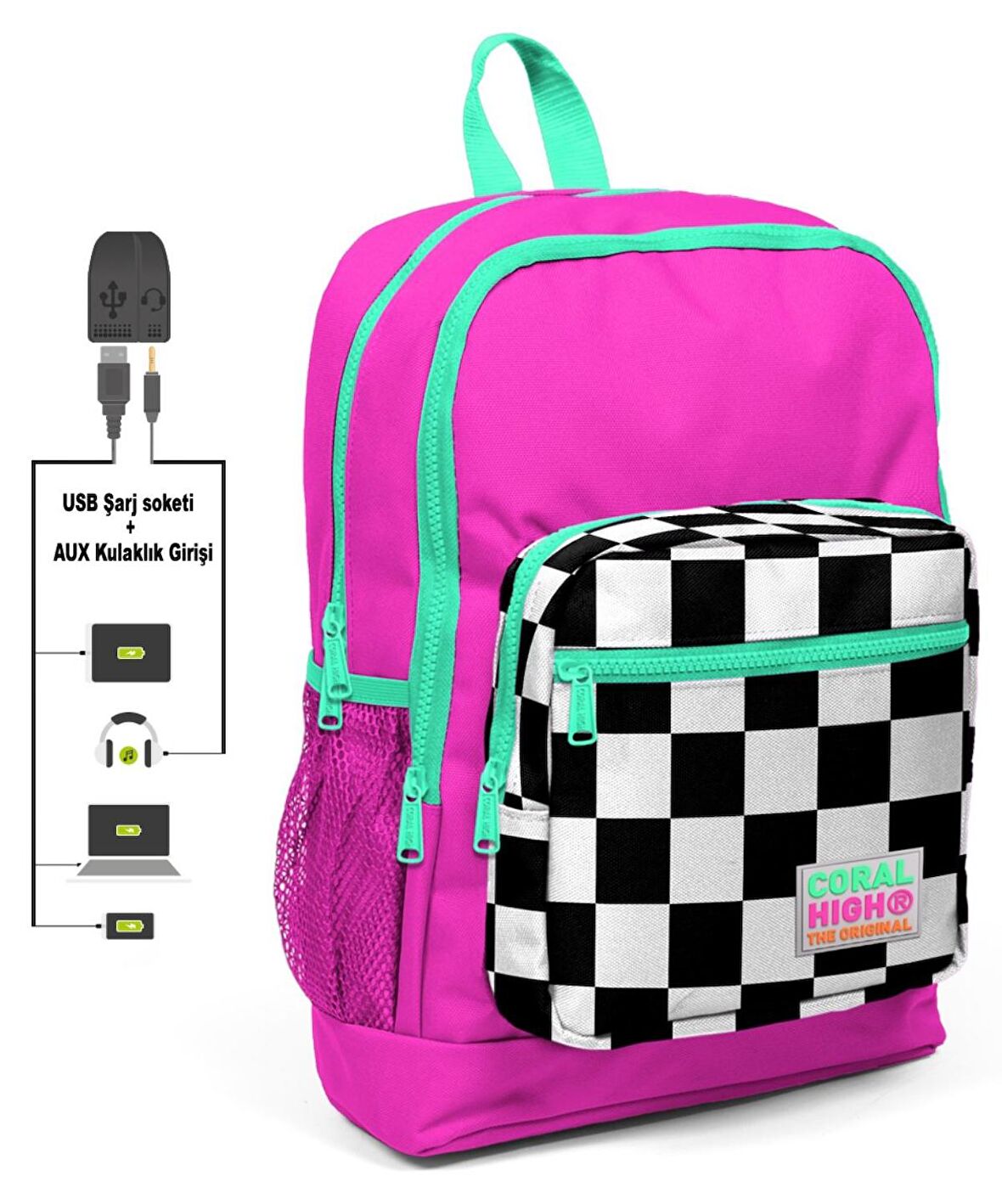 Coral High Pembe Damalı İlkokul ve Günlük Sırt Çantası - Kız Çocuk - USB ve AUX Soketli