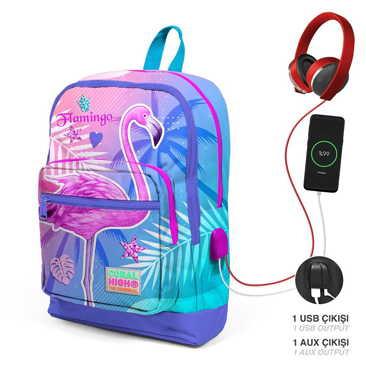 Coral High Kids Lavanta Pembe Flamingo Desenli Dört Bölmeli USBli Okul Sırt Çantası 23805