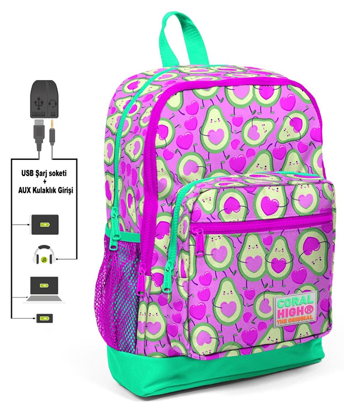 Coral High Pembe Avokado Baskılı İlkokul ve Günlük Sırt Çantası - Kız Çocuk - USB ve AUX Soketli