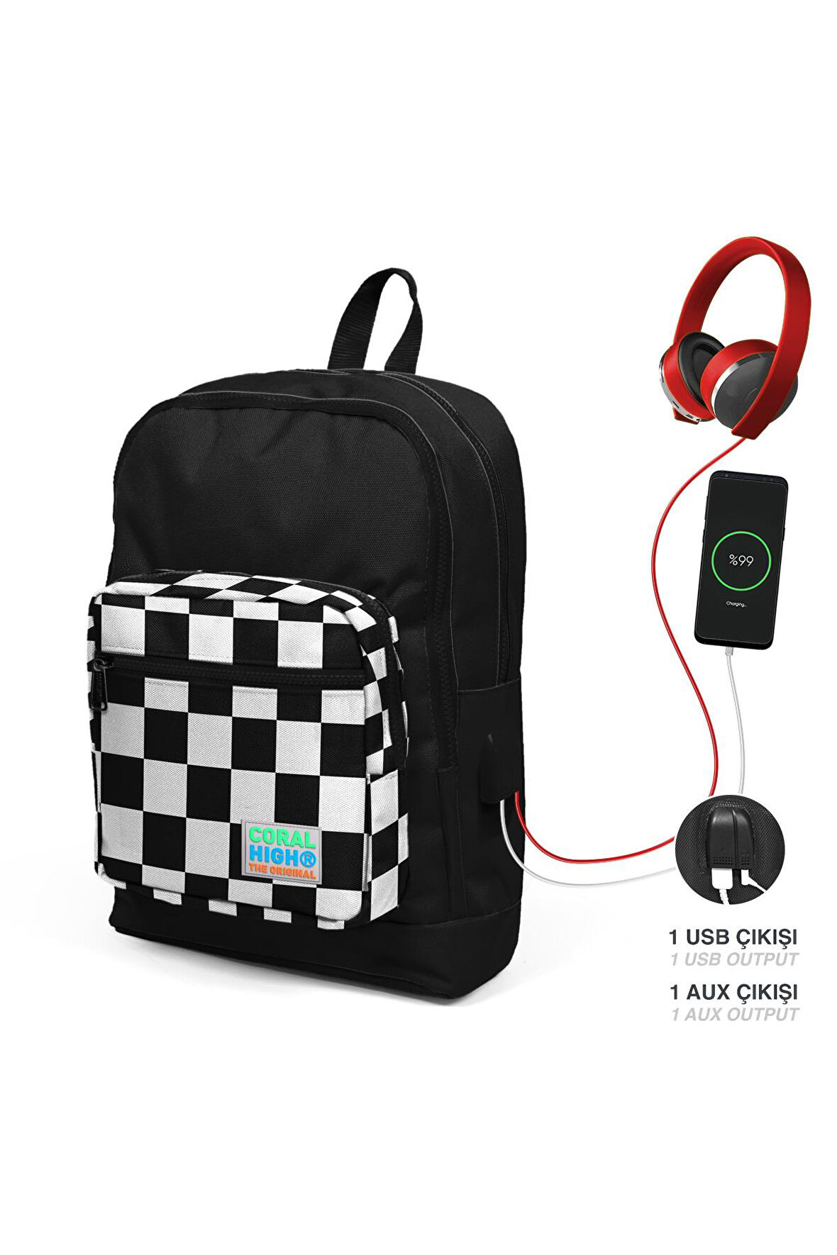 Coral High Kids Dört Bölmeli Siyah Dama Desenli İlkokul Çantası USB Şarjlı Kulaklık Çıkışlı 23814