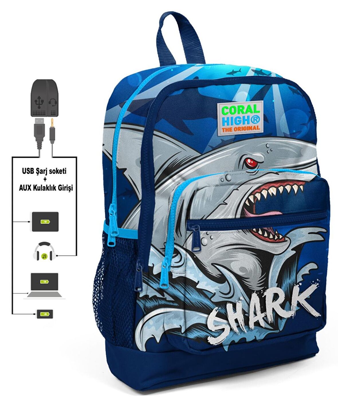 Coral High Mavi Köpekbalığı Baskılı İlkokul ve Günlük Sırt Çantası - Erkek Çocuk - USB ve AUX Soketli