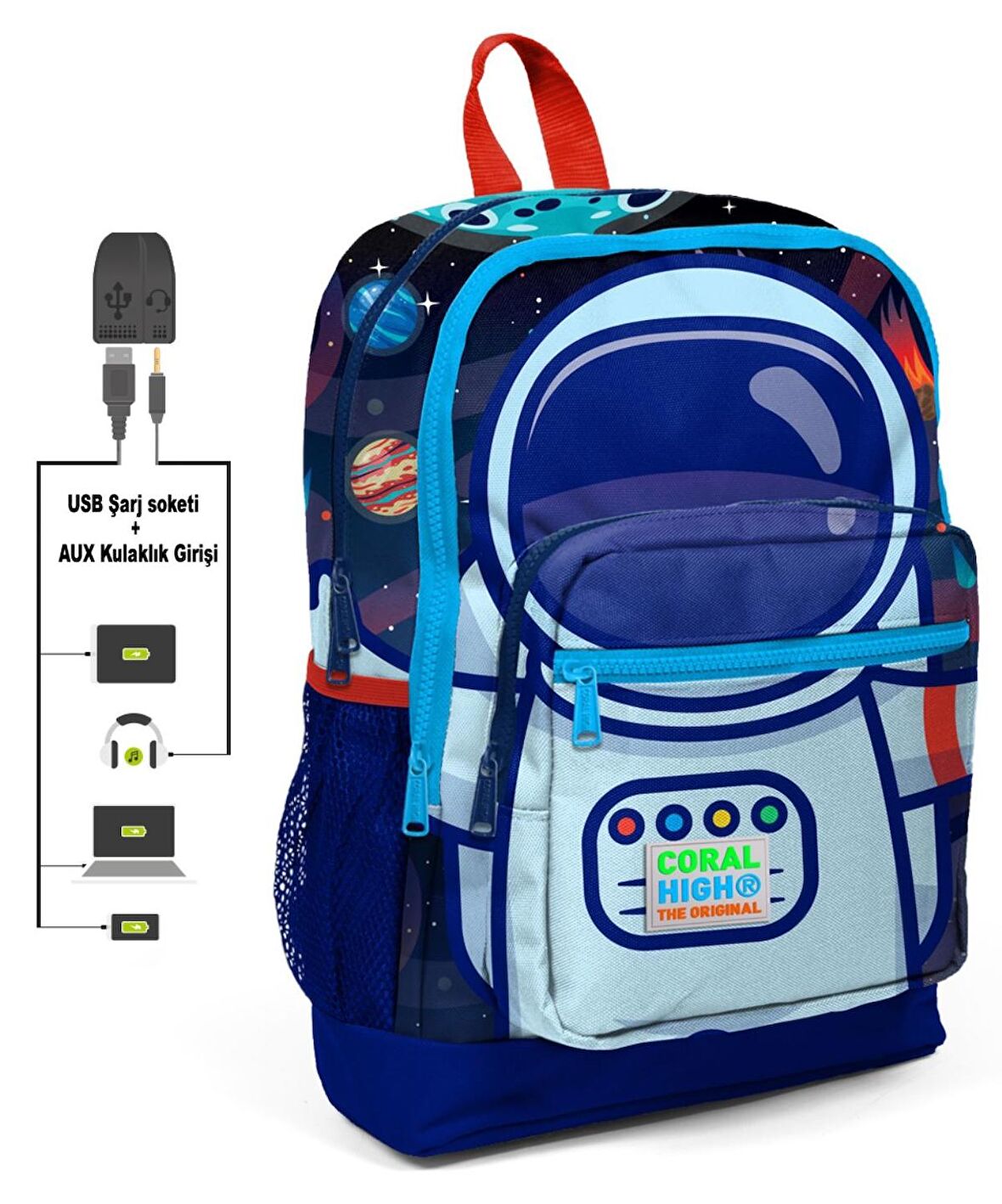 Coral High Mavi Astronot Baskılı İlkokul ve Günlük Sırt Çantası - Erkek Çocuk - USB ve AUX Soketli