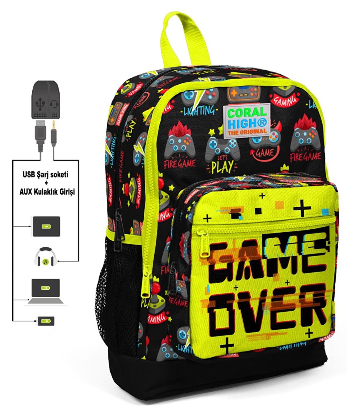Coral High Game Over Baskılı İlkokul ve Günlük Sırt Çantası - Erkek Çocuk - USB ve AUX Soketli