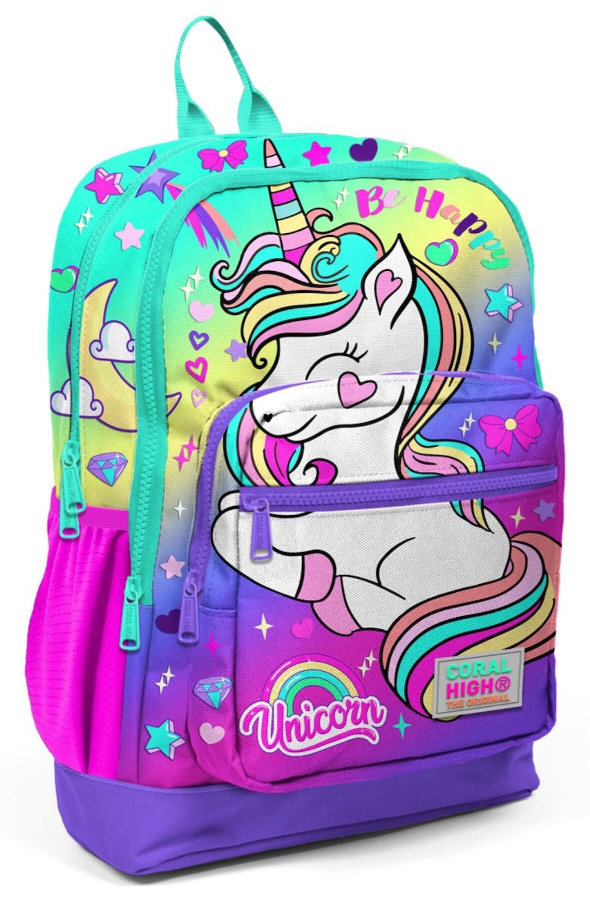 Coral High Mor Yeşil Pembe Unicorn İlkokul ve Günlük Sırt Çantası - Kız Çocuk - USB Soketli