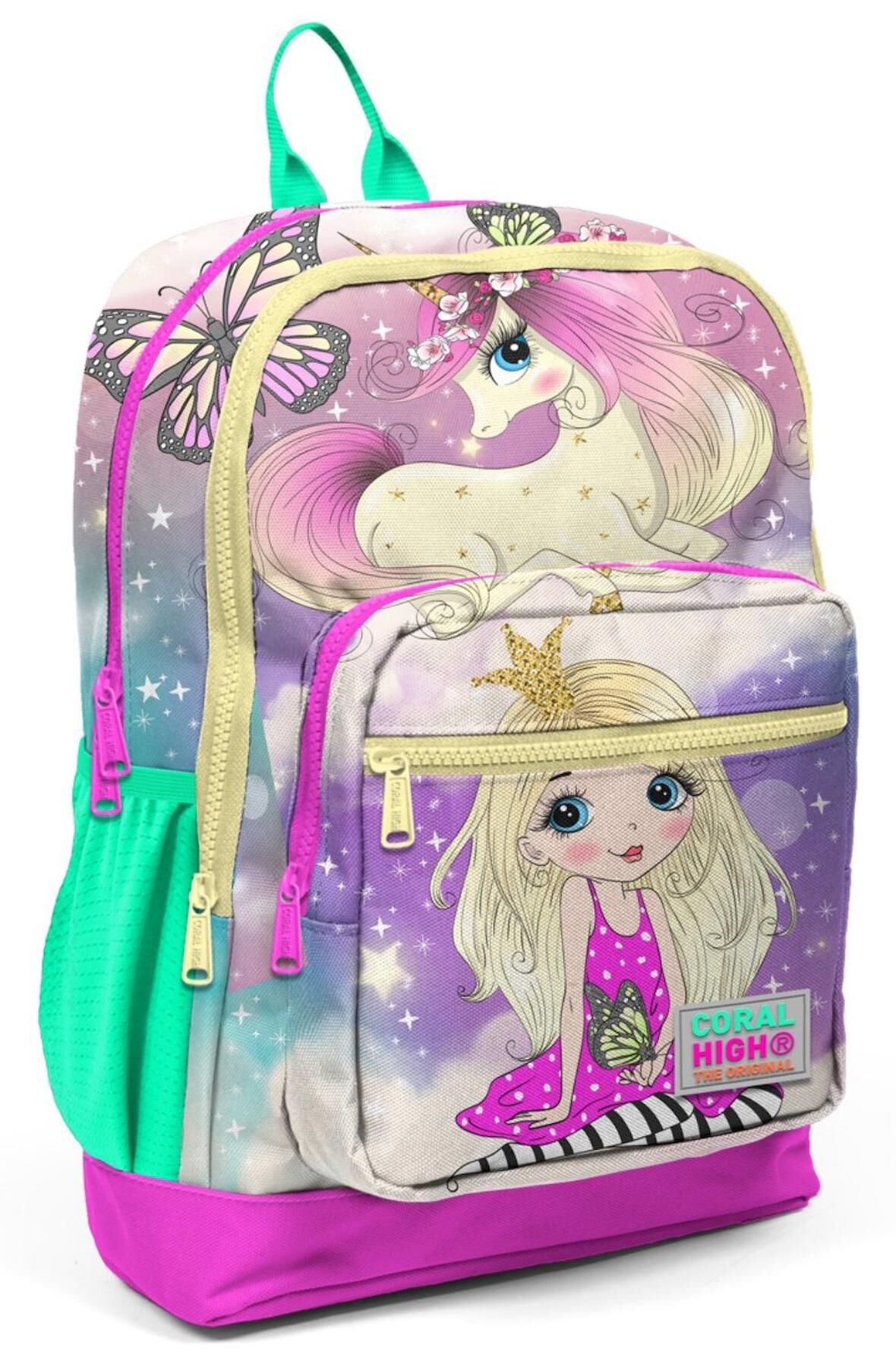 Coral High Yeşil Pembe Unicorn ve Prenses İlkokul ve Günlük Sırt Çantası - Kız Çocuk - USB Soketli