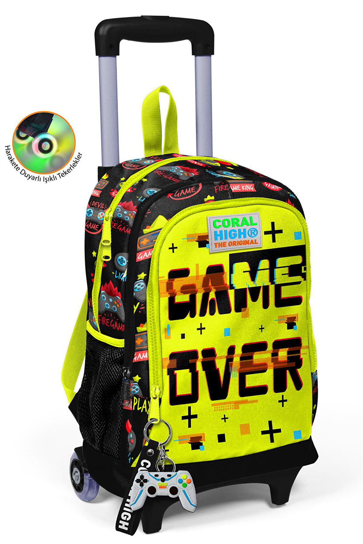 Coral High Kids Siyah Fosforlu Sarı Işıklı Tekerlekli Üç Bölmeli Çekçekli Sırt Çantası 23928