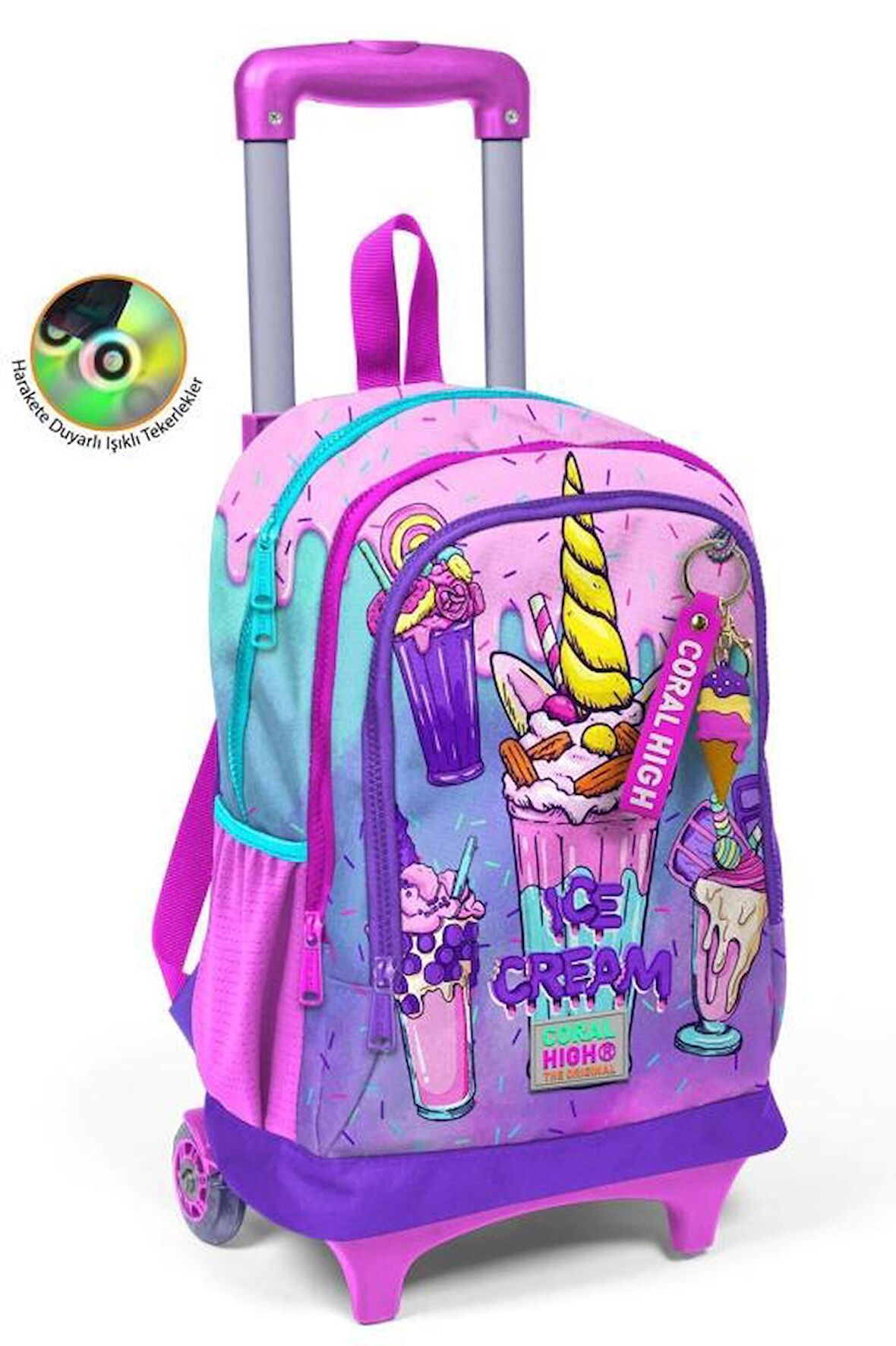 Coral High Kids Pembe Mor Milkshake Dondurma Desenli Üç Bölmeli Çekçekli Okul Sırt Çantası 23949