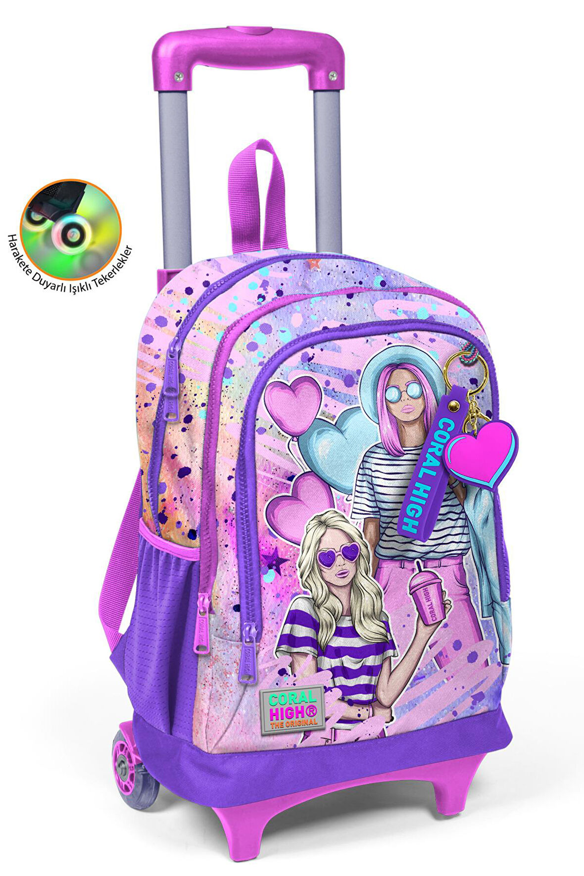 Coral High Kids Pembe Mor Fashion Girl Desenli Üç Bölmeli Çekçekli Okul Sırt Çantası 23955