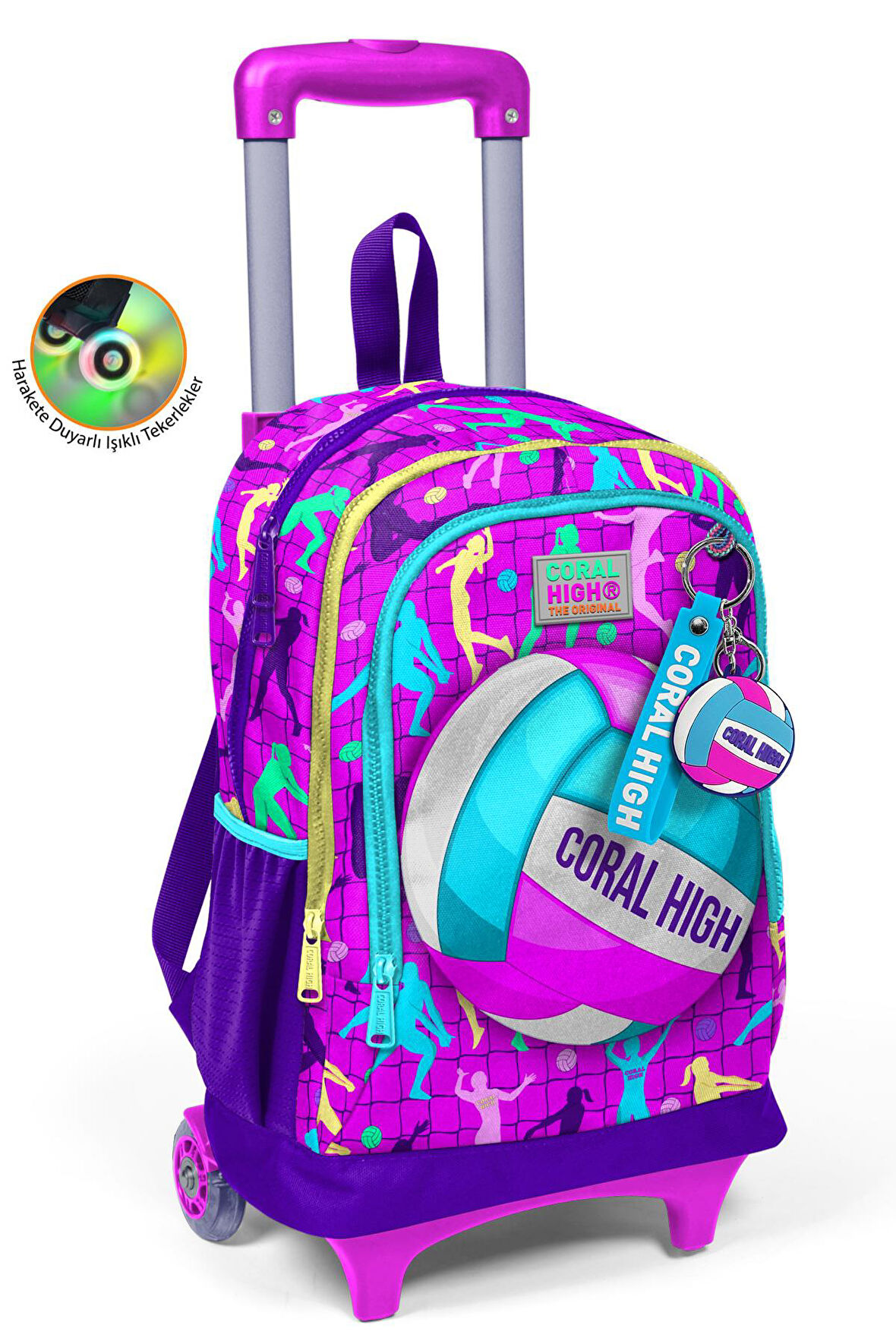 Coral High Kids Pembe Mor Voleybol Desenli Üç Bölmeli Çekçekli Okul Sırt Çantası 23961
