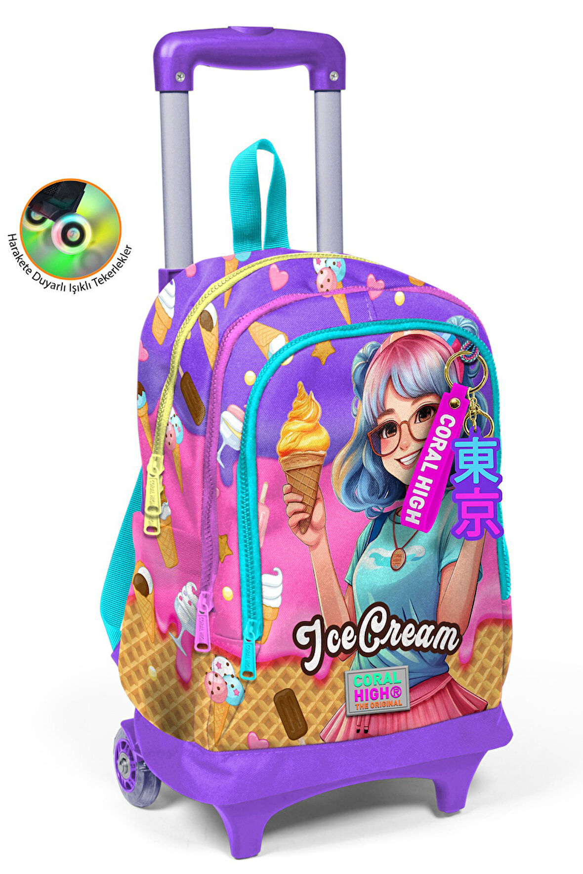 Coral High Kids Lila Turkuaz Dondurma ve Anime Desenli Üç Bölmeli Çekçekli Okul Sırt Çantası 23973