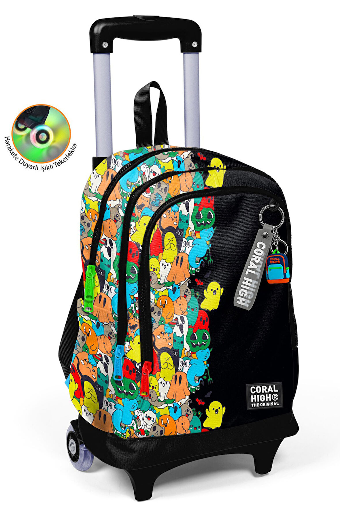 Coral High Kids Siyah Karikatür Desenli Üç Bölmeli Çekçekli Okul Sırt Çantası 23974