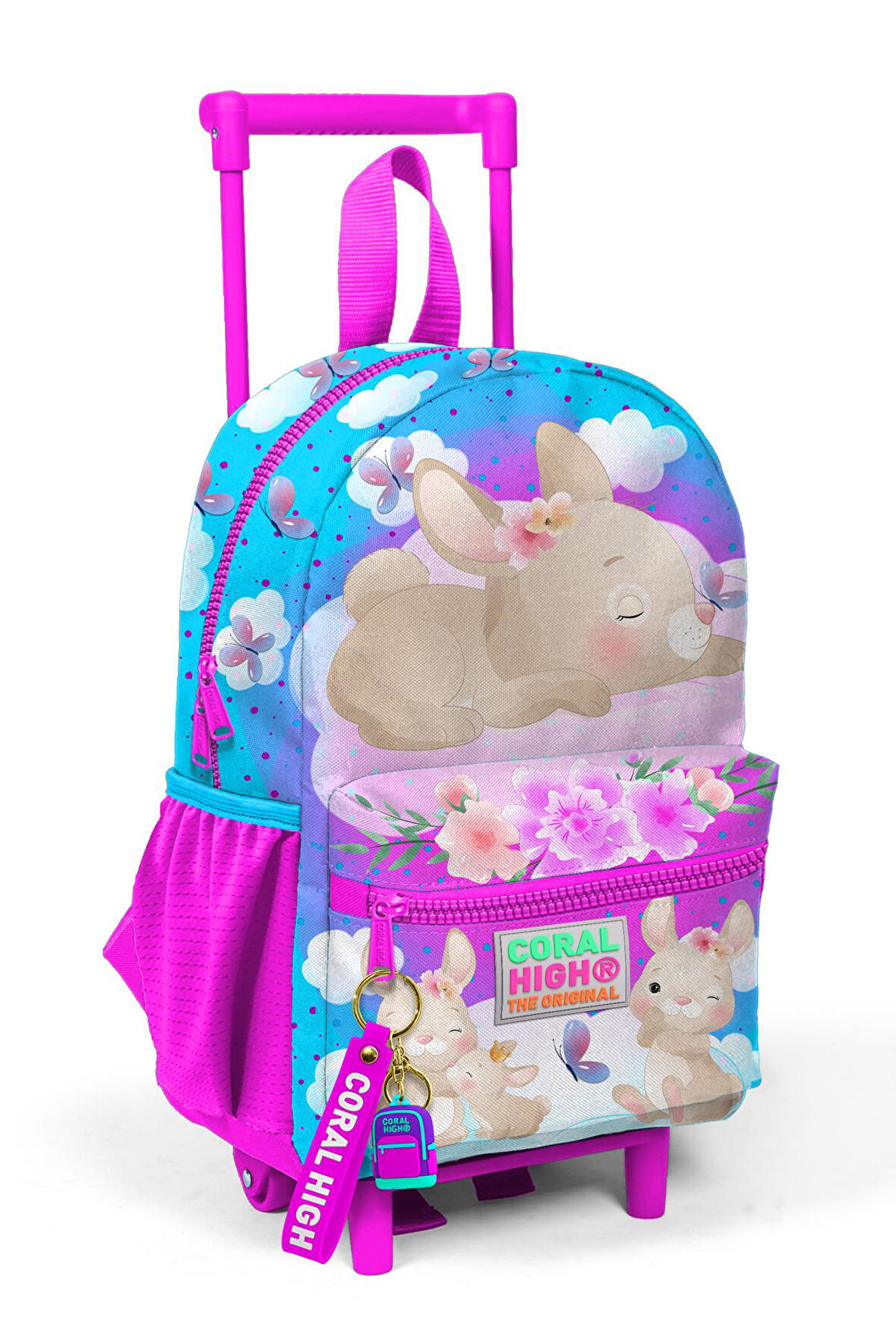 Minik Yuva Çekçekli Sırt Çantası Mavi Pembe Tavşan Desenli İki Bölmeli 24036