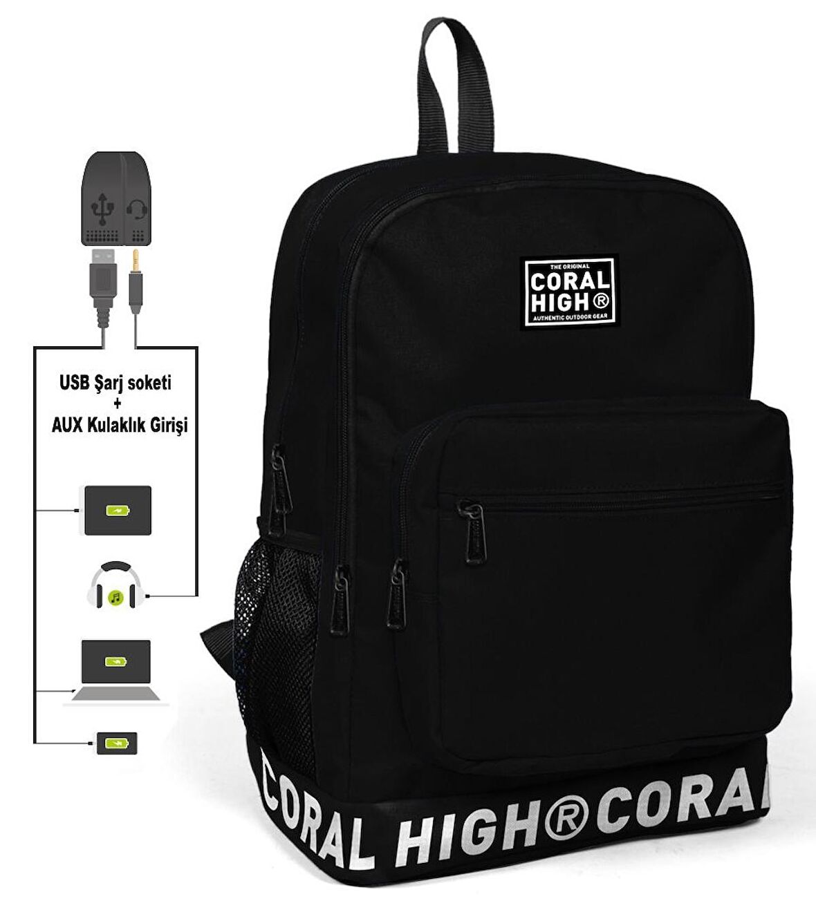 Coral High Logo Nakışlı Siyah Ortaokul, Lise ve Günlük Sırt Çantası(USB VE AUX SOKETLİ)