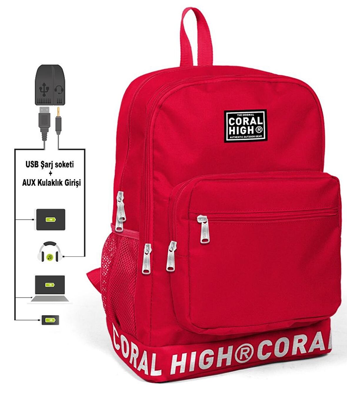 Coral High Logo Nakışlı Kırmızı Ortaokul, Lise ve Günlük Sırt Çantası(USB VE AUX SOKETLİ)