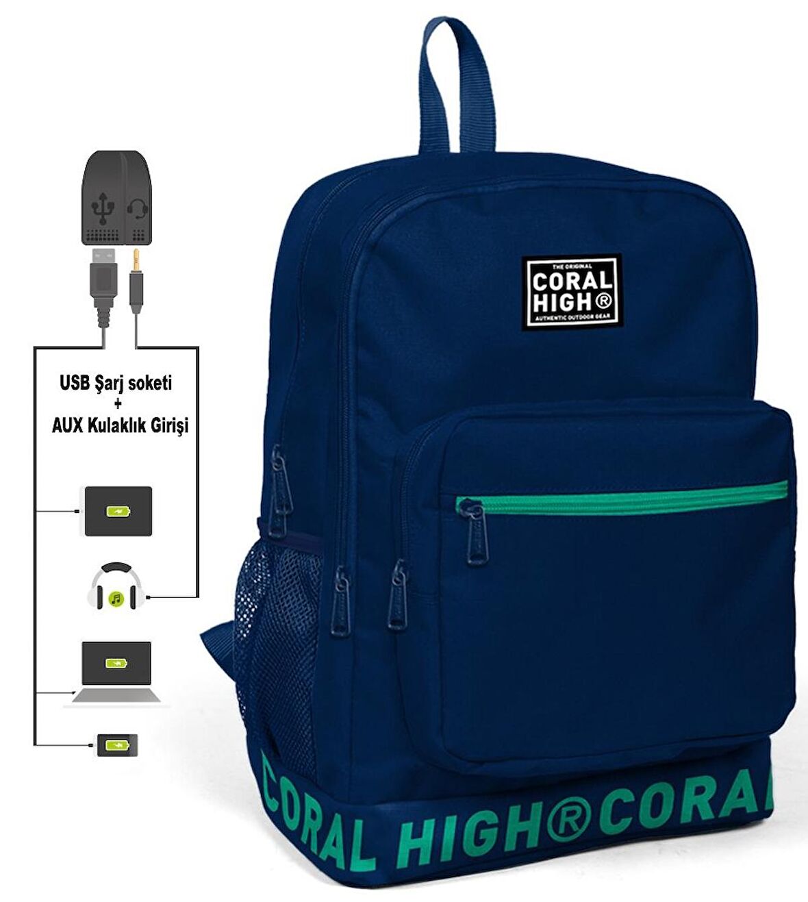 Coral High Logo Nakışlı Lacivert Ortaokul, Lise ve Günlük Sırt Çantası(USB VE AUX SOKETLİ)