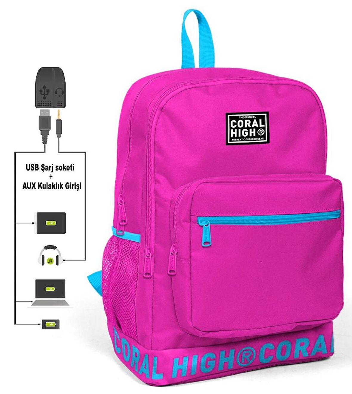 Coral High Logo Nakışlı Pembe Ortaokul, Lise ve Günlük Sırt Çantası(USB VE AUX SOKETLİ)